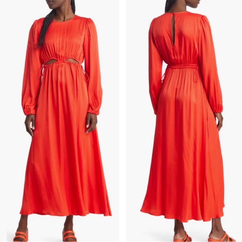 FARM Rio Maxi Dress Women’s Medium Ruched Cut-Out Red 100% Vicose Beaded Tassel